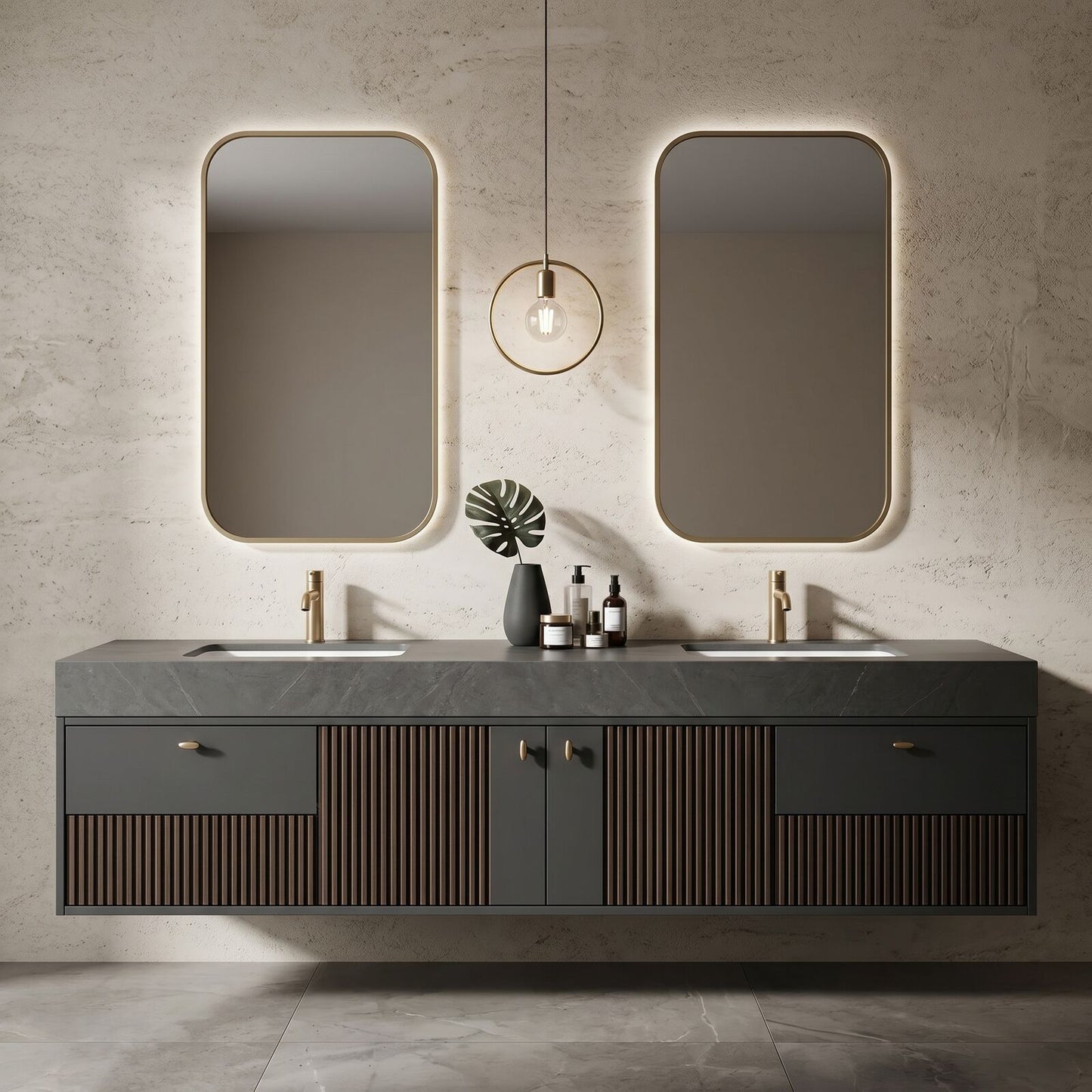 60''-96'' Modern Bathroom Vanity with Sink Double Sink Dark Textured Stone Floating Cabinet