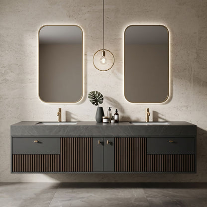 60''-96'' Modern Bathroom Vanity with Sink Double Sink Dark Textured Stone Floating Cabinet