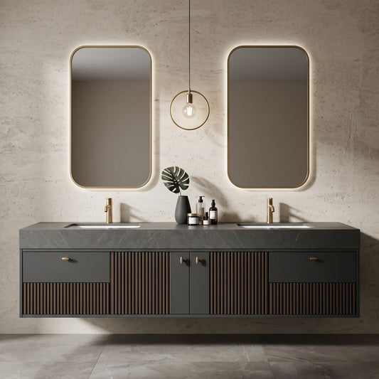 60''-96'' Modern Bathroom Vanity with Sink Double Sink Dark Textured Stone Floating Cabinet