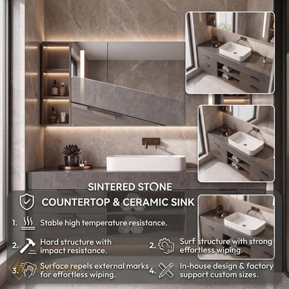 36''-110'' Floating Bathroom Vanity with Sink Grey Sintered Stone Open Shelving
