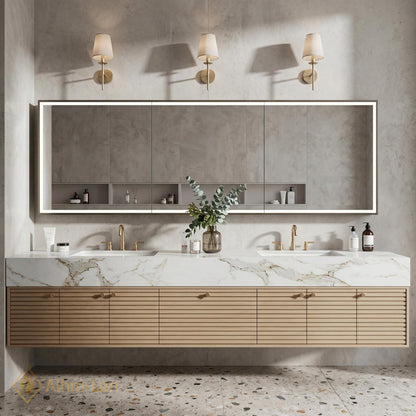 60''-96'' Double Bathroom Vanity with Sink Modern Floating Light Wood Veneer Slatted