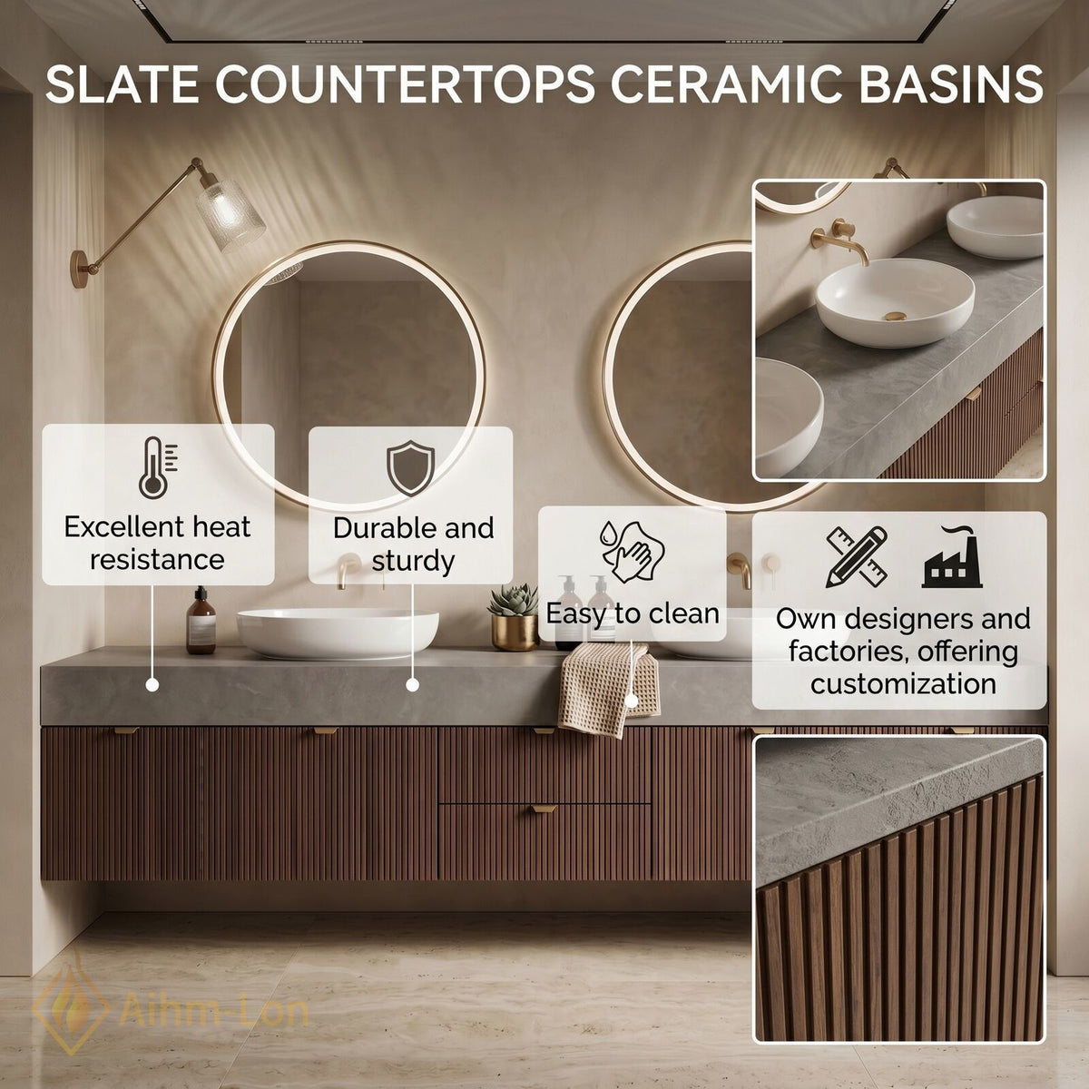 60''-96'' Double Bathroom Vanity with Sink Ribbed Wood Panels Warm Walnut Finish