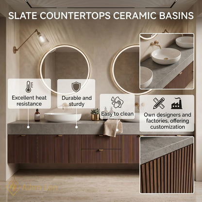 60''-96'' Double Bathroom Vanity with Sink Ribbed Wood Panels Warm Walnut Finish