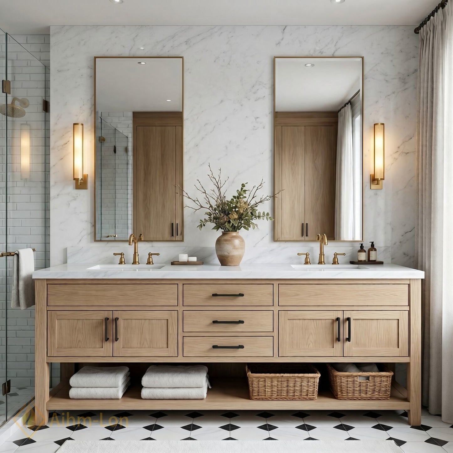 60''-96'' Double Bathroom Vanity with Sink Marble Top Solid Wood Six Drawers Glass Doors Cabinet