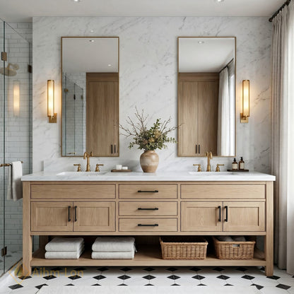 60''-96'' Double Bathroom Vanity with Sink Marble Top Solid Wood Six Drawers Glass Doors Cabinet