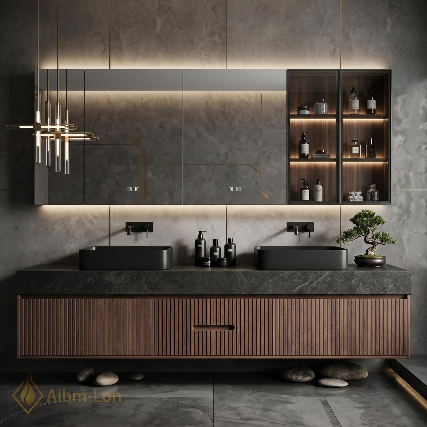 60''-96'' Double Bathroom Vanity with Sink Floating Dark Walnut Finish Slatted Wood
