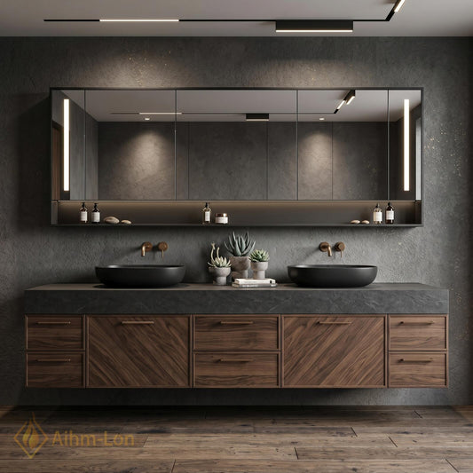 70''-96'' Double Bathroom Vanity with Sink Modern Floating Dark Stone Wood Storage
