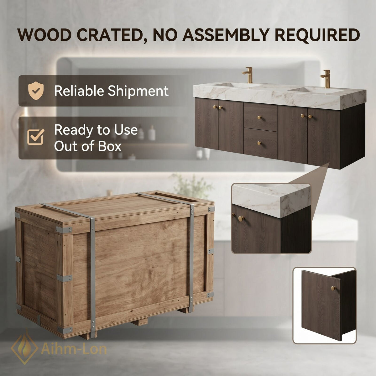 60''-96'' Double Bathroom Vanity with Sink Dark Wood Grain Dual Drawer Storage