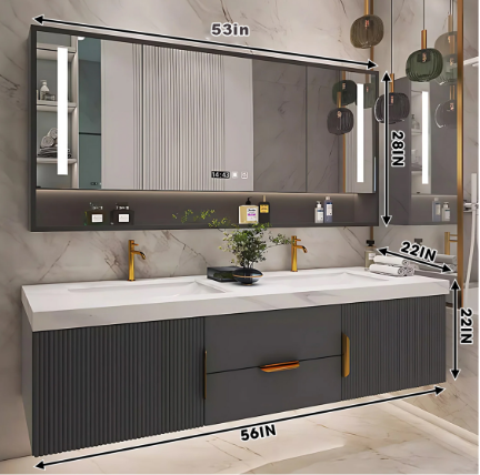 56"-96"Modern Bathroom Vanity with Sink Includes Gray Striped Storage Cabinet