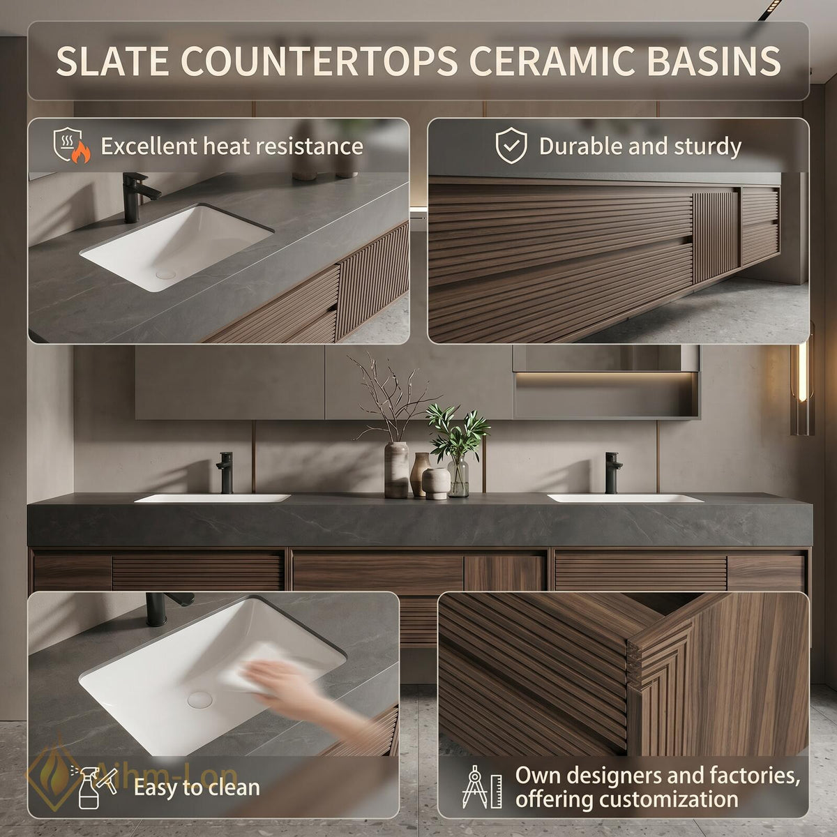 60''-96'' Double Bathroom Vanity with Sink Slatted Drawers Walnut Finish Warm Walnut