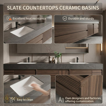 60''-96'' Double Bathroom Vanity with Sink Slatted Drawers Walnut Finish Warm Walnut