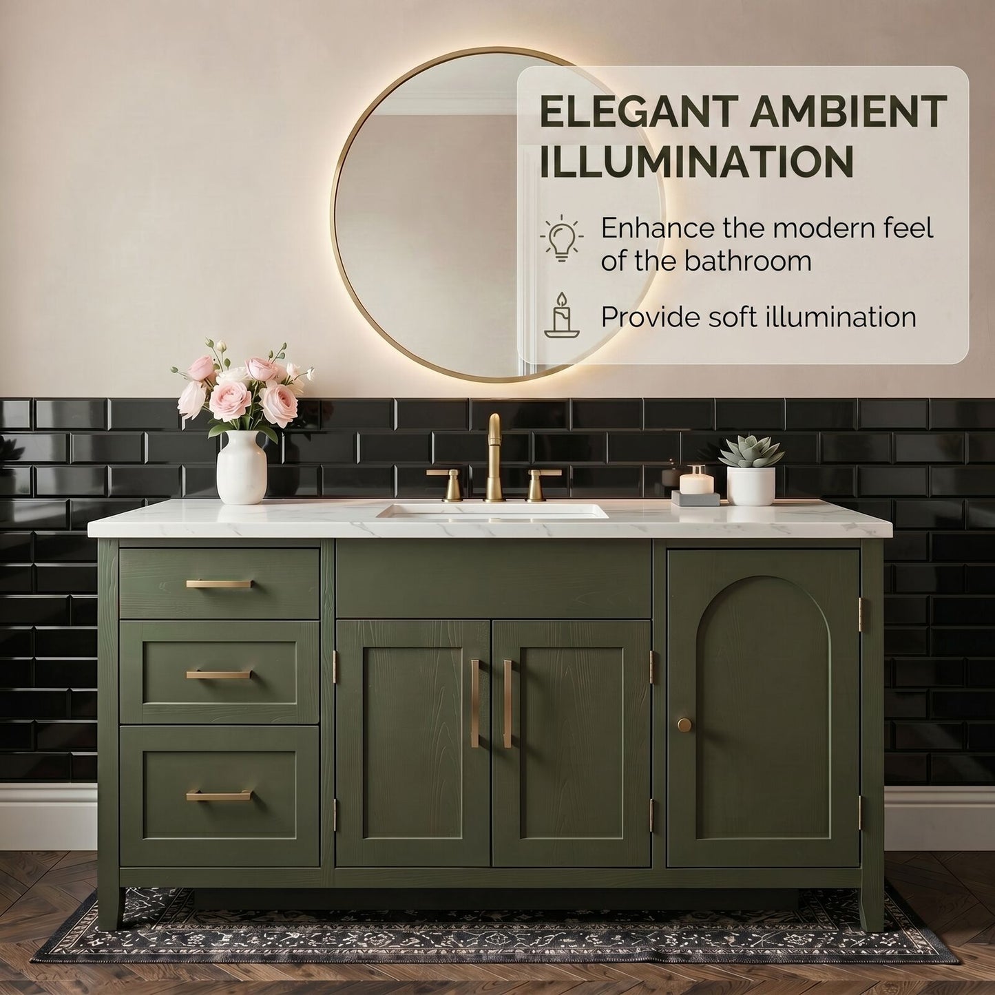 52''-64'' Modern Bathroom Vanity with Sink Single Olive Green Solid Wood Drawers Cabinet