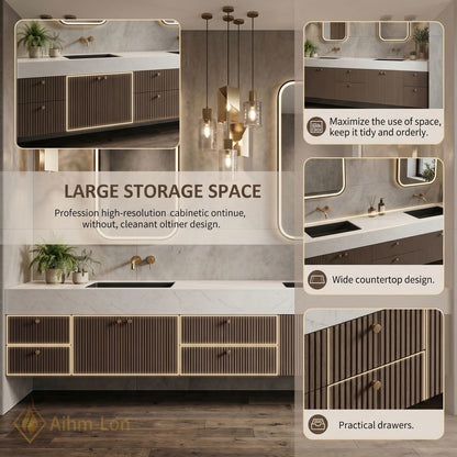 76''-96'' Double Bathroom Vanity with Sink Dark Walnut Slatted Front Basin Setup