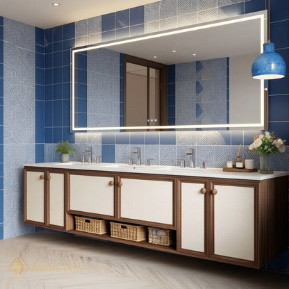 78''-96'' Floating Bathroom Vanity with Sink Wood Frame Panels Illuminated Mirror Cabinet