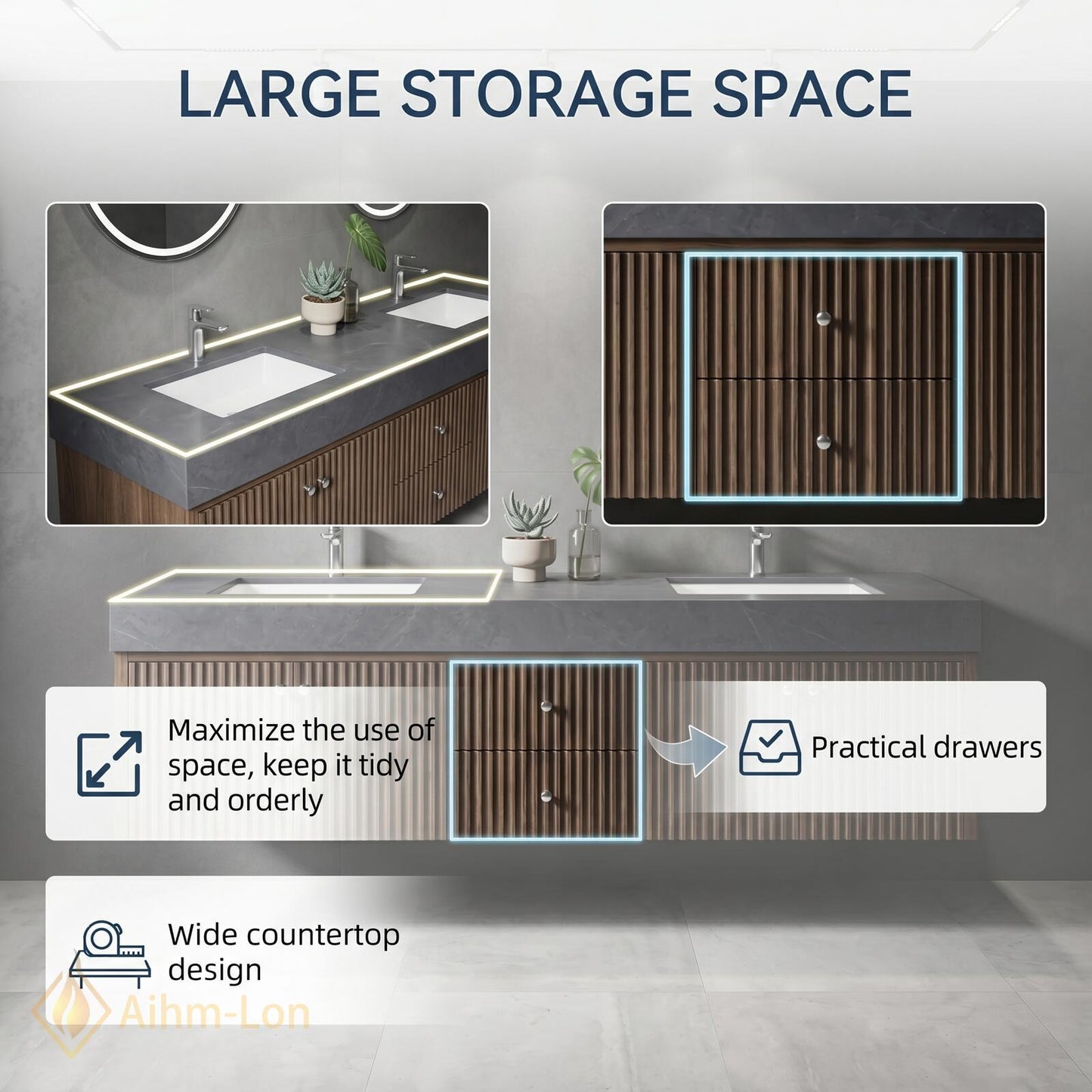 60''-96'' Double Bathroom Vanity with Sink Dark-Wood Modern Floating Fluted Panels