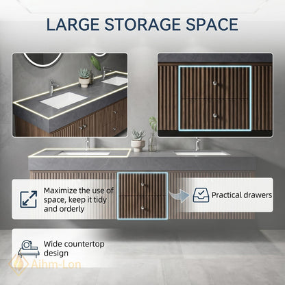 60''-96'' Double Bathroom Vanity with Sink Dark-Wood Modern Floating Fluted Panels