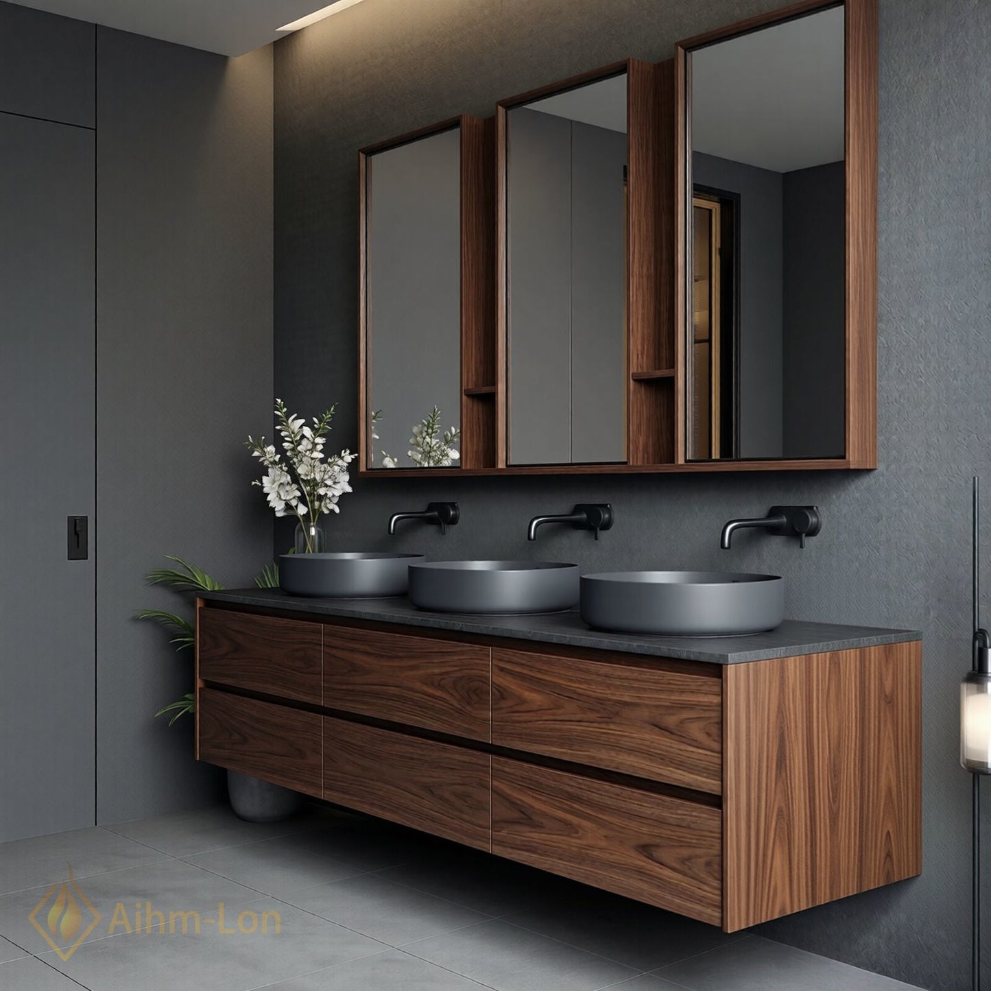 78''-96'' Modern Bathroom Vanity with Sink Triple Dark Walnut Grey Open Shelving Drawers