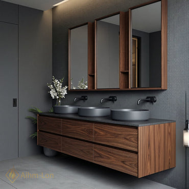 78''-96'' Modern Bathroom Vanity with Sink Triple Dark Walnut Grey Open Shelving Drawers
