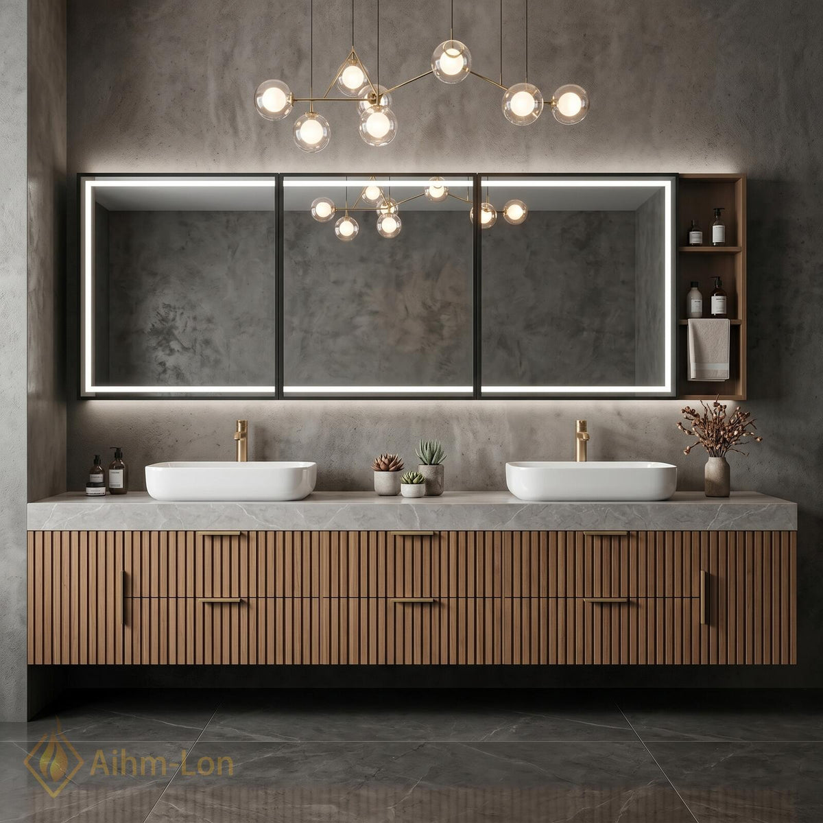 60''-96'' Double Bathroom Vanity with Sink Modern Slatted Warm Wood Grain Cabinet