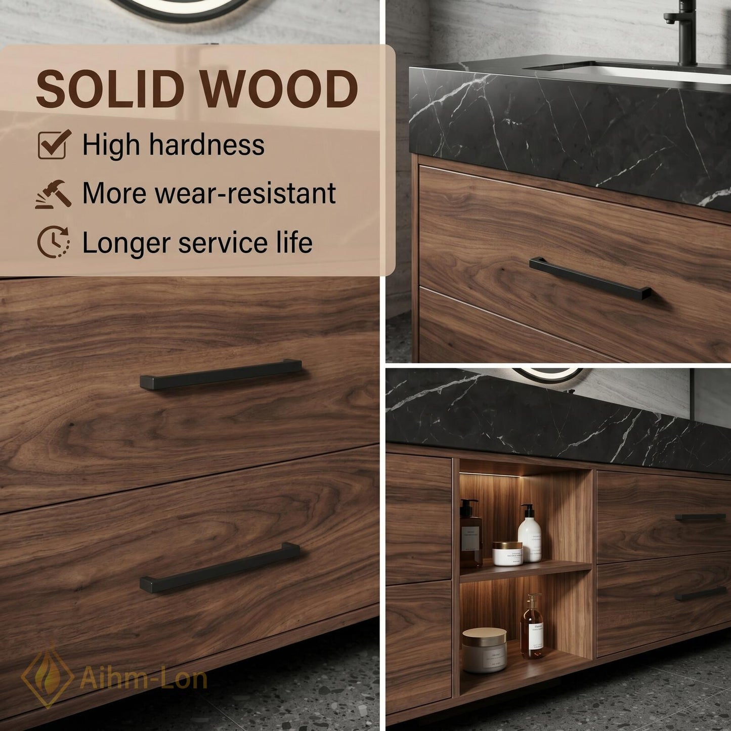 60''-96'' Double Bathroom Vanity with Sink Dark-Walnut Modern Floating Slatted Center Panel