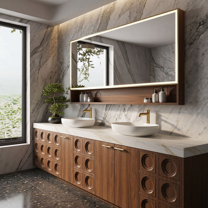 70''-96'' Elegant Bathroom Vanity with Sink Double Sink Carved Wood Panels White Stone