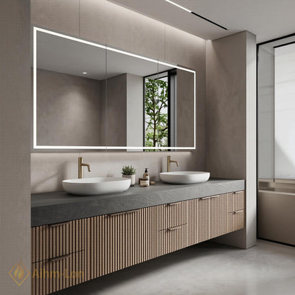 60''-96'' Double Bathroom Vanity with Sink Floating Dark Stone Top Vertical Wood Slats