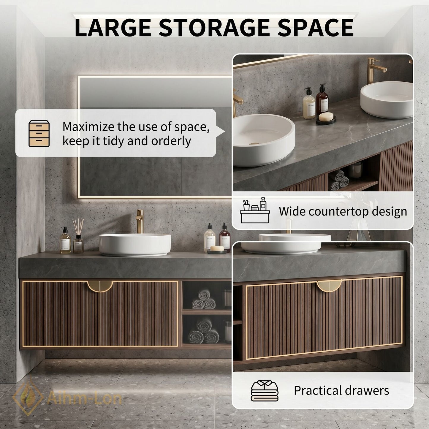 60''-96'' Double Bathroom Vanity with Sink Modern Solid-Wood Wood-Grain Slatted Open-Shelving Sleek