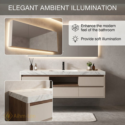 36''-64'' Modern Bathroom Vanity with Sink Marble Top Floating Drawers Central Shelf