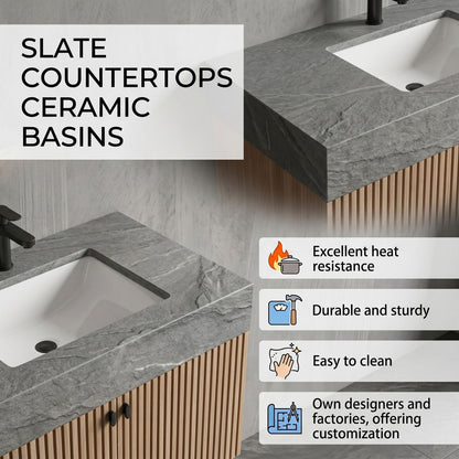 72''-96'' Modern Bathroom Vanity with Sink Double Basin Vertical Slats Solid Stone Cabinet