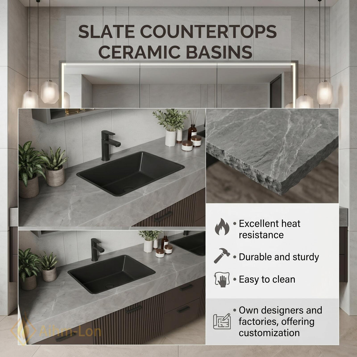 60''-96'' Double Bathroom Vanity with Sink Fluted Panels Charcoal Grey Finish