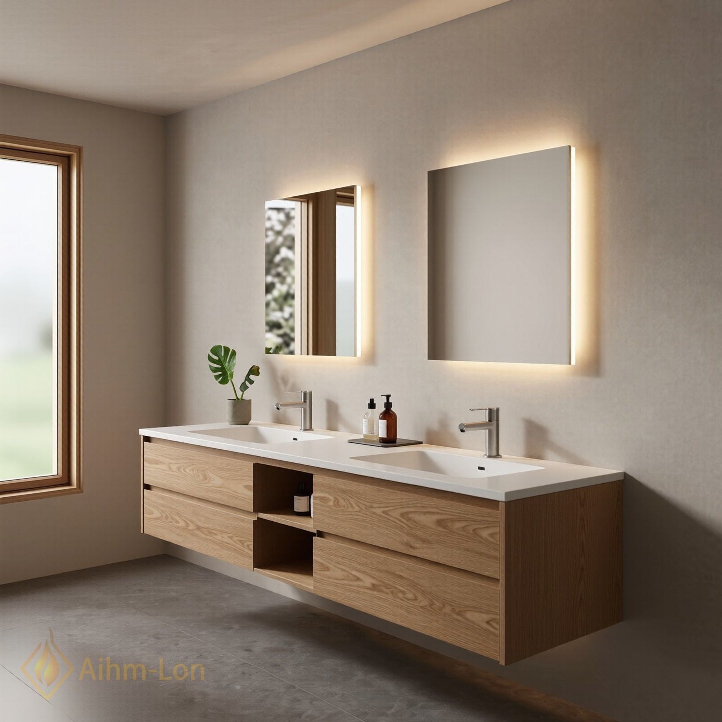 60''-96'' Sleek Bathroom Vanity with Sink Double Sink Wood Grain Central Open Shelf