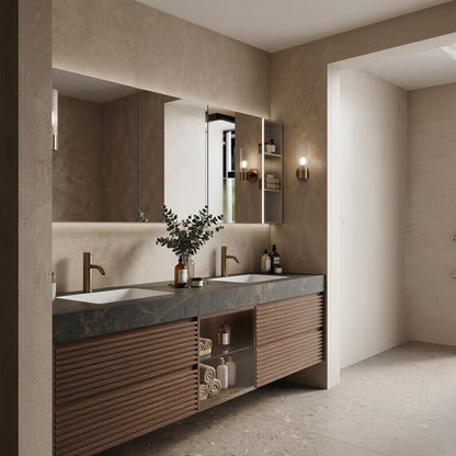 60''-96'' Double Bathroom Vanity with Sink Modern Floating Dark Stone-Effect Slatted Wood