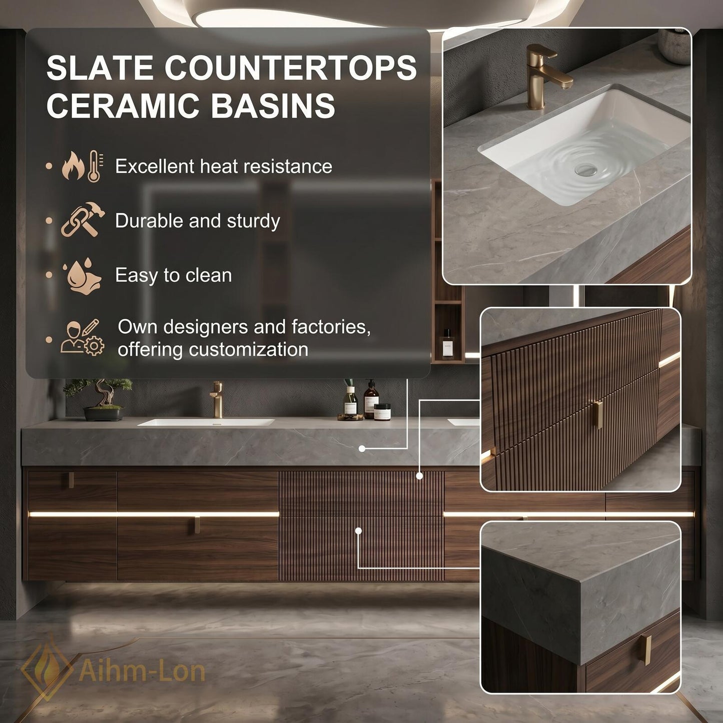 60''-96'' Modern Floating Bathroom Vanity with Sink Grey Marble Slatted Center Panel