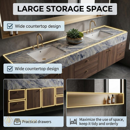 60''-96'' Double Bathroom Vanity with Sink Marble Effect Open Drawer Storage