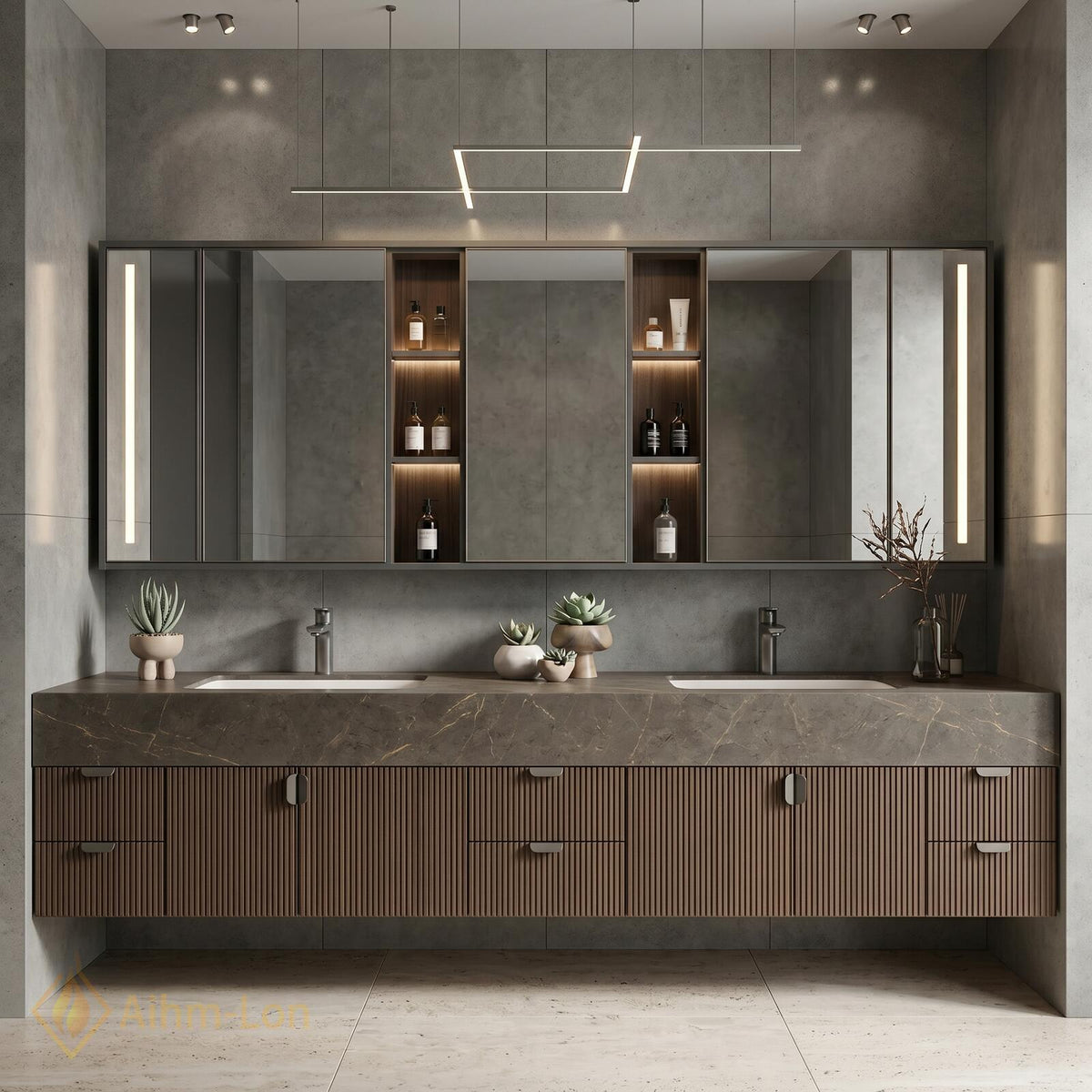 60''-96'' Double Bathroom Vanity with Sink Slatted Gray Warm Wood Texture Shelving