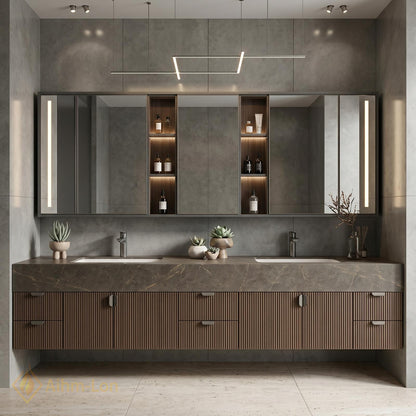 60''-96'' Double Bathroom Vanity with Sink Slatted Gray Warm Wood Texture Shelving