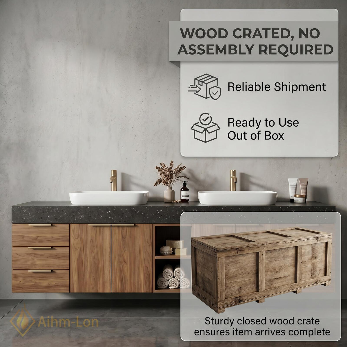 76''-96'' Double Bathroom Vanity with Sink Floating Double Walnut Finish Open Shelving