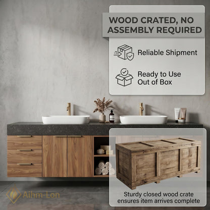 76''-96'' Double Bathroom Vanity with Sink Floating Double Walnut Finish Open Shelving