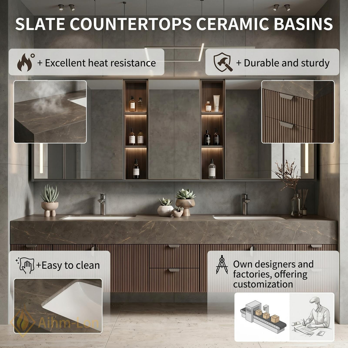 60''-96'' Double Bathroom Vanity with Sink Slatted Gray Warm Wood Texture Shelving