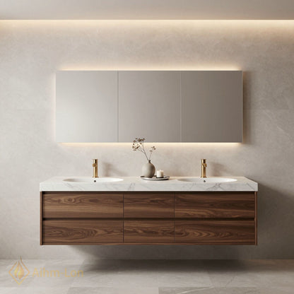 60''-96'' Modern Bathroom Vanity with Sink Marble Floating Storage Anti-Fog Mirror