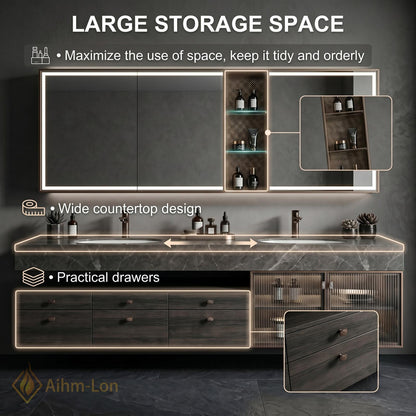 70''-96'' Double Bathroom Vanity with Sink Modern Floating Dark Grey Marble Mirror