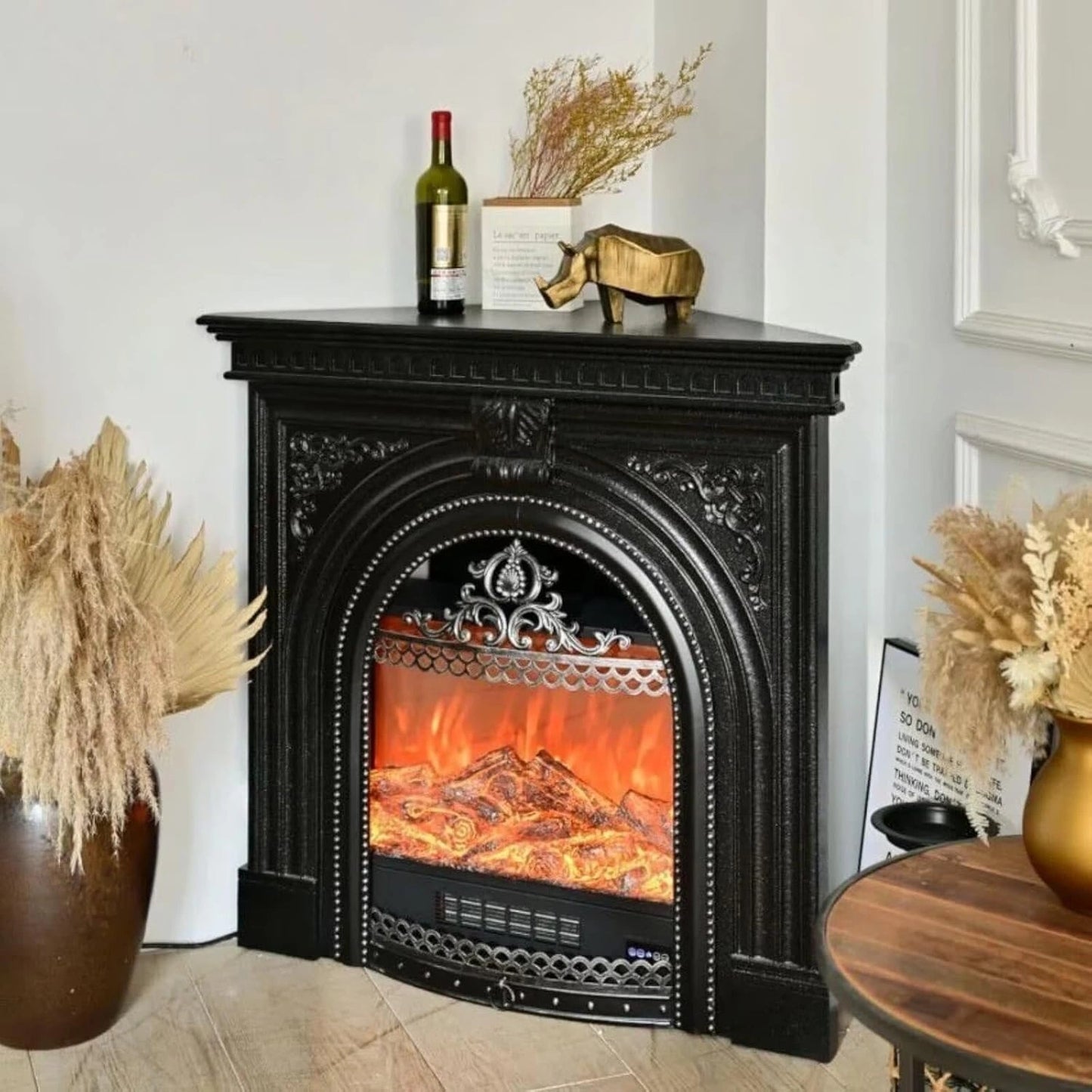 Aihm-Lon Corner Electric Fireplace with Triangular Cabinet and Modern Carving 39”