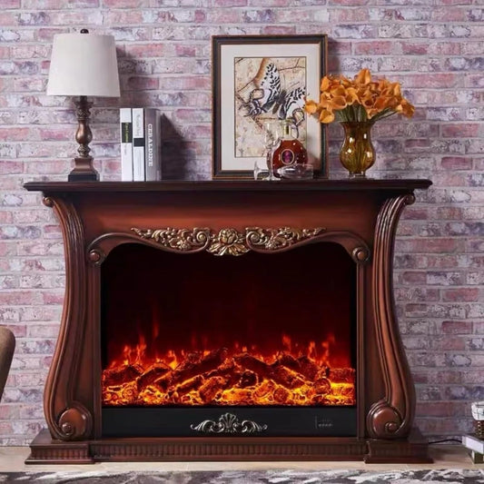 Aihm-Lon Brown Electric Fireplace with Wood Grain and Carved Decoration 59”