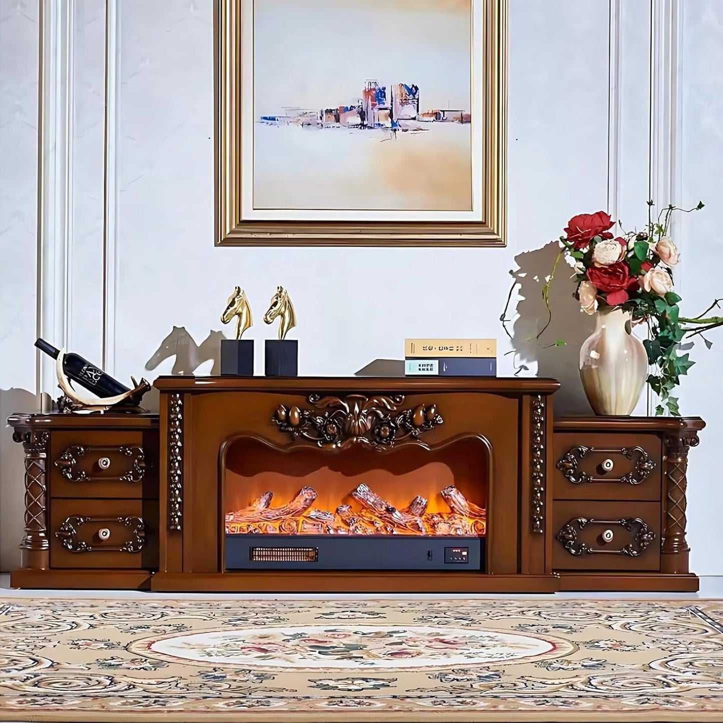 Aihm-Lon Luxury Electric Fireplace with Mantel Includes Vintage Carving 81”