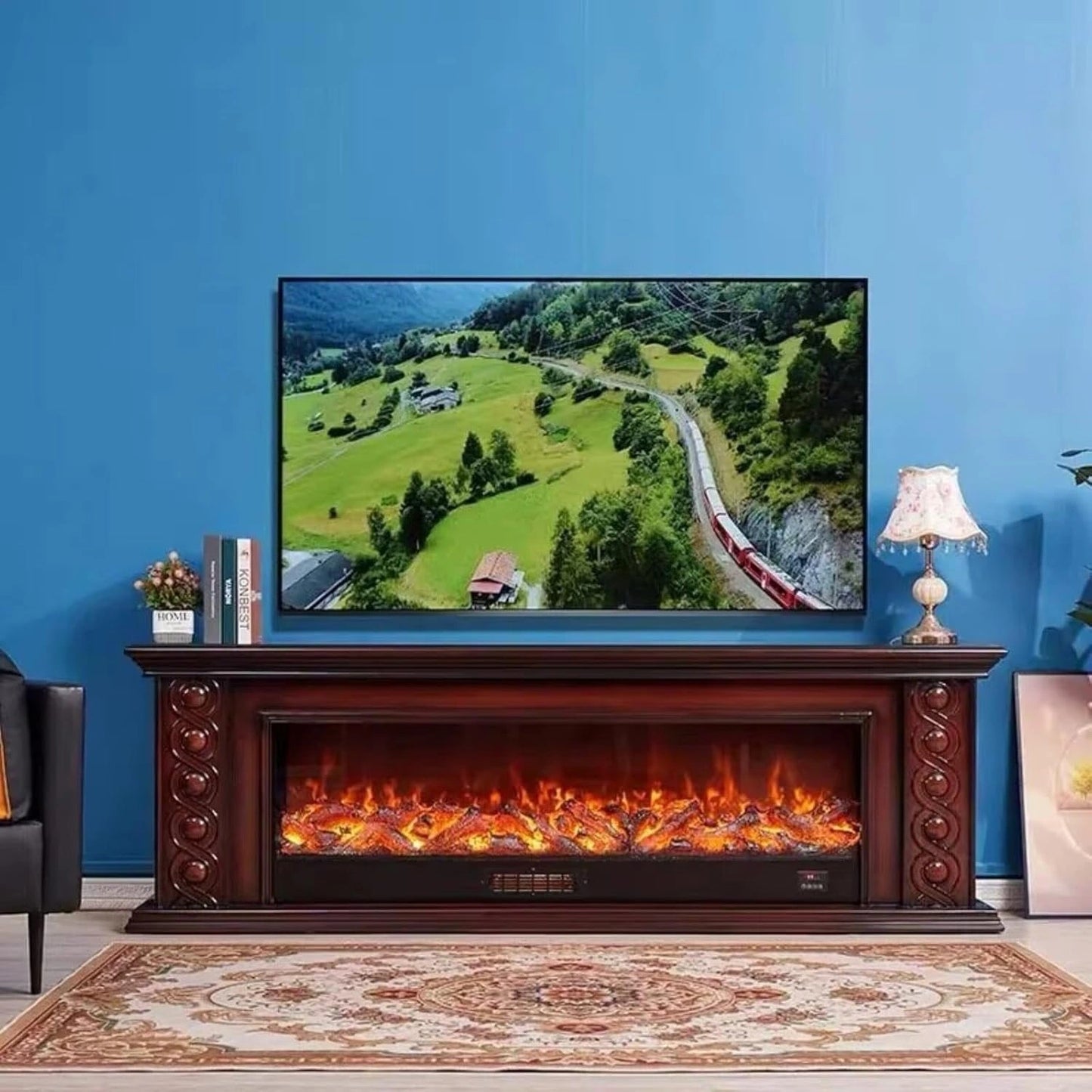 Aihm-Lon Luxury Electric Fireplace Includes Circular Carving with Decorative Flame 79”