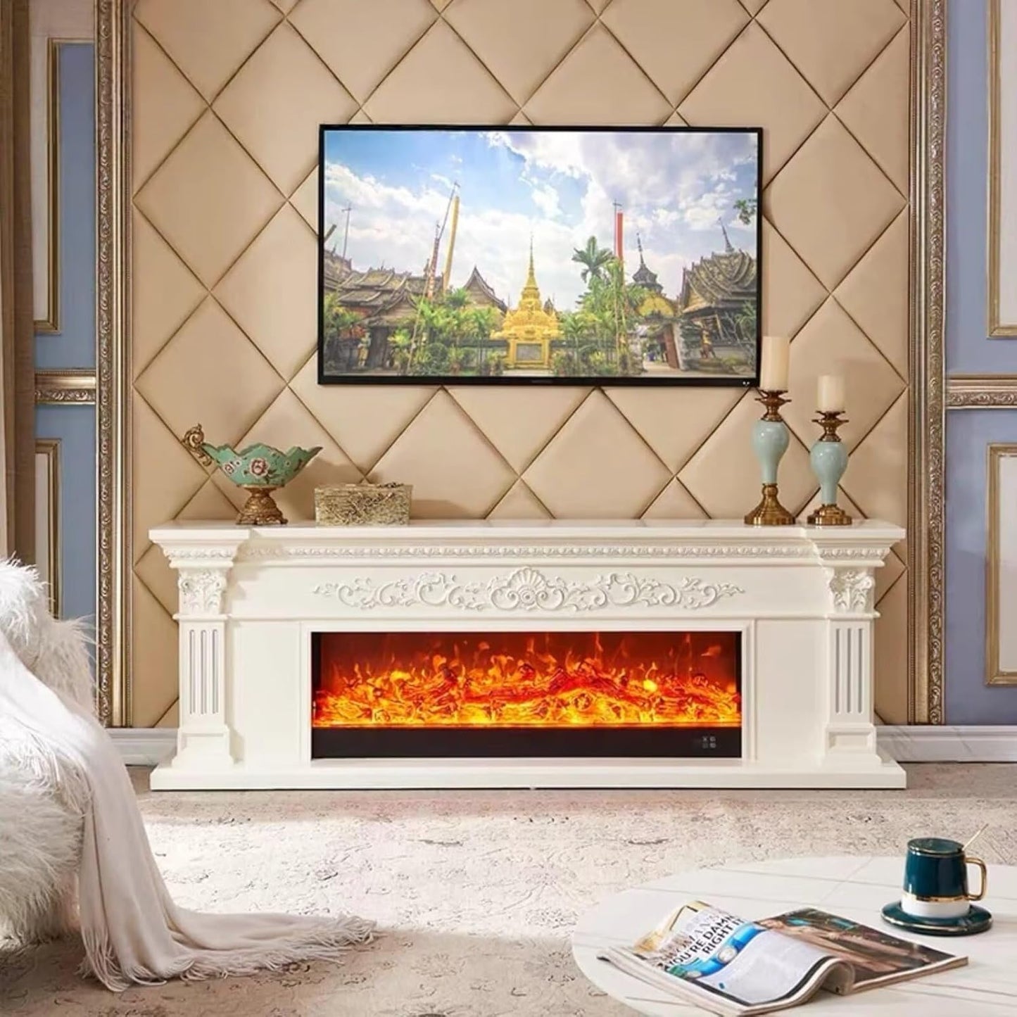 Aihm-Lon White Electric Fireplace with Decorative Flame 79”