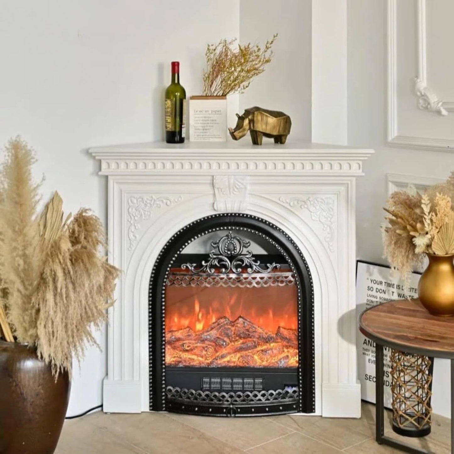 Aihm-Lon Corner Electric Fireplace with Triangular Cabinet and Modern Carving 39”