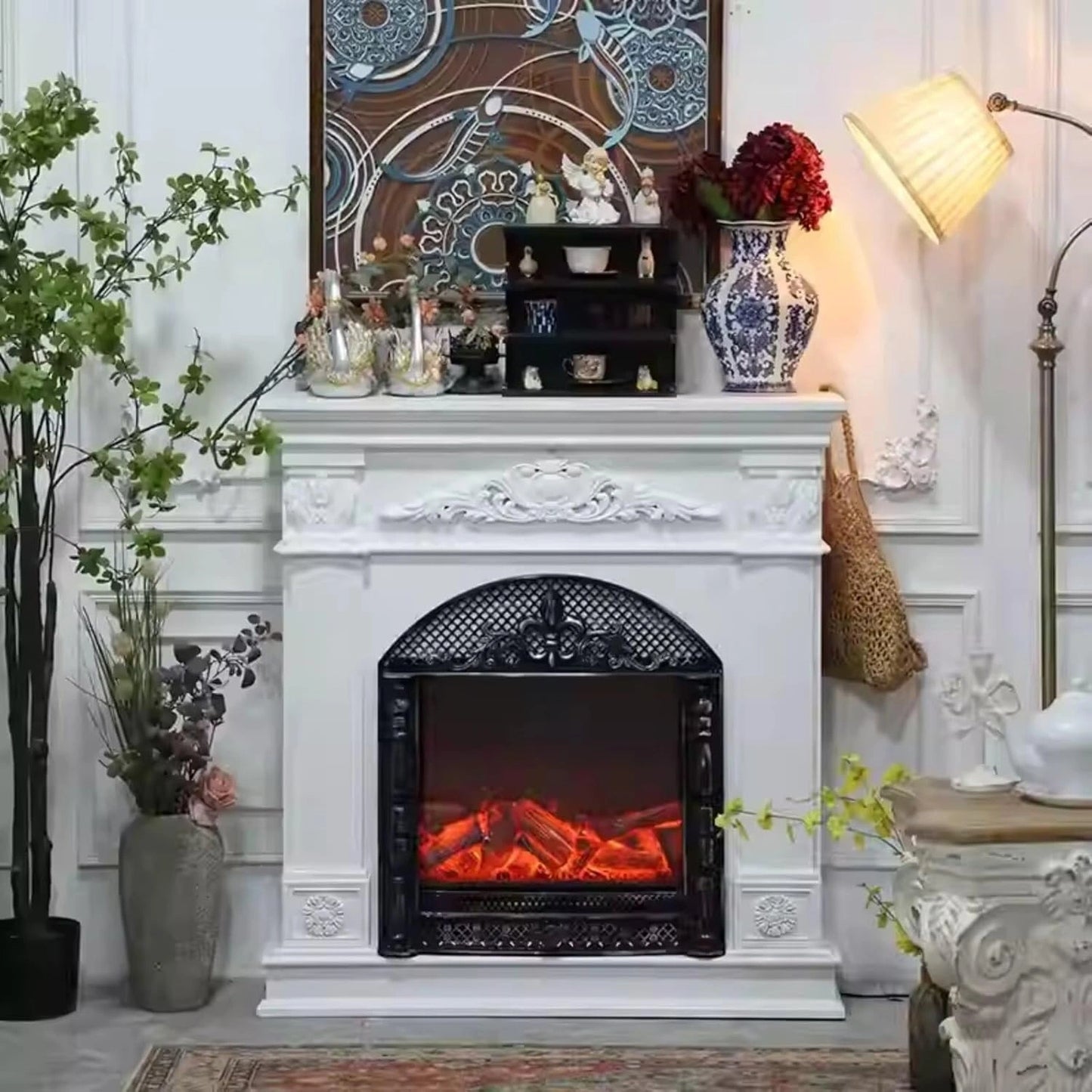 Aihm-Lon Electric Fireplace with Realistic Flame Effect & White Carving 39”
