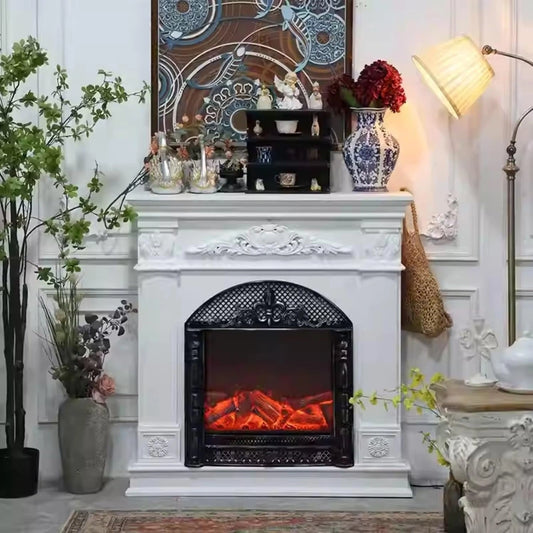 Aihm-Lon Electric Fireplace with Realistic Flame Effect & White Carving 39”