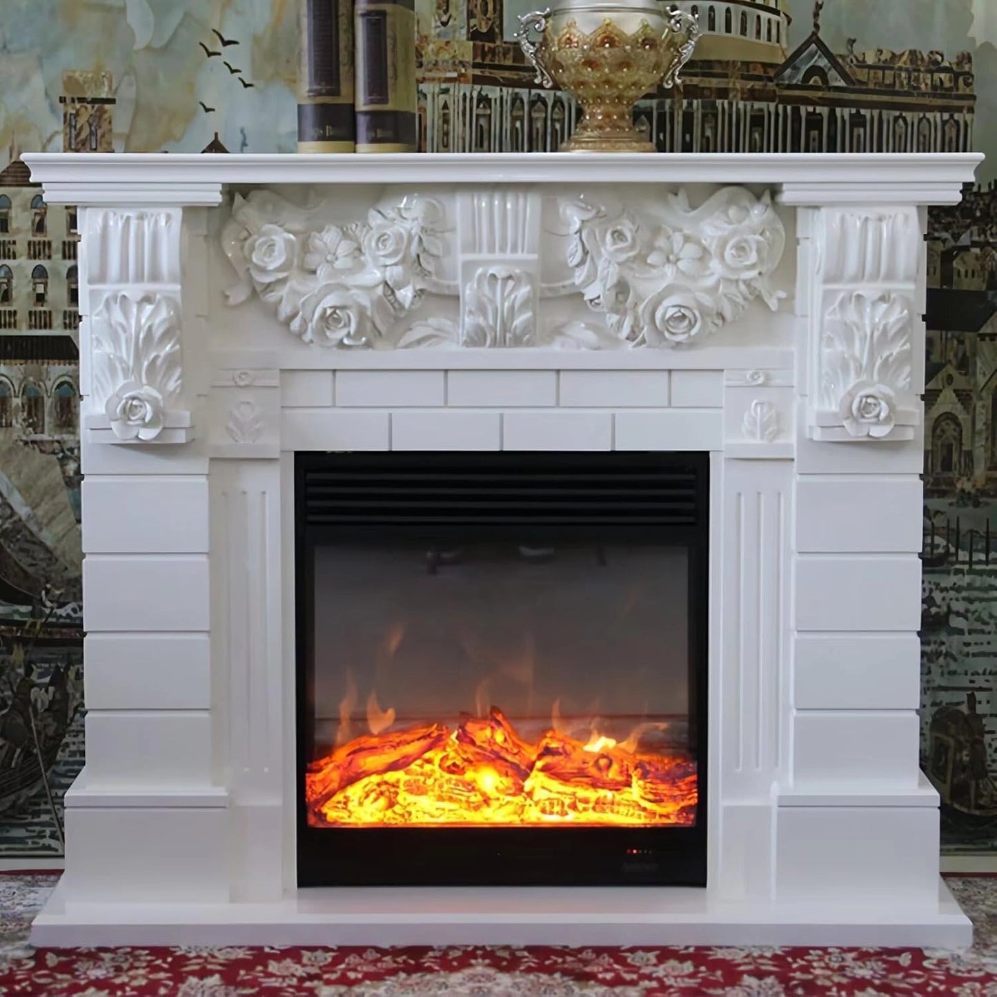 Aihm-Lon White Electric Fireplace Includes Vintage Rose Carving 51”